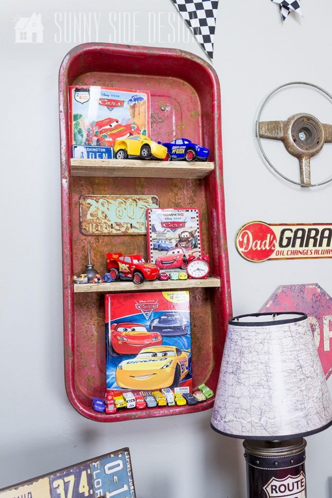 Finished DIY wagon shelf in a Cars themed bedroom