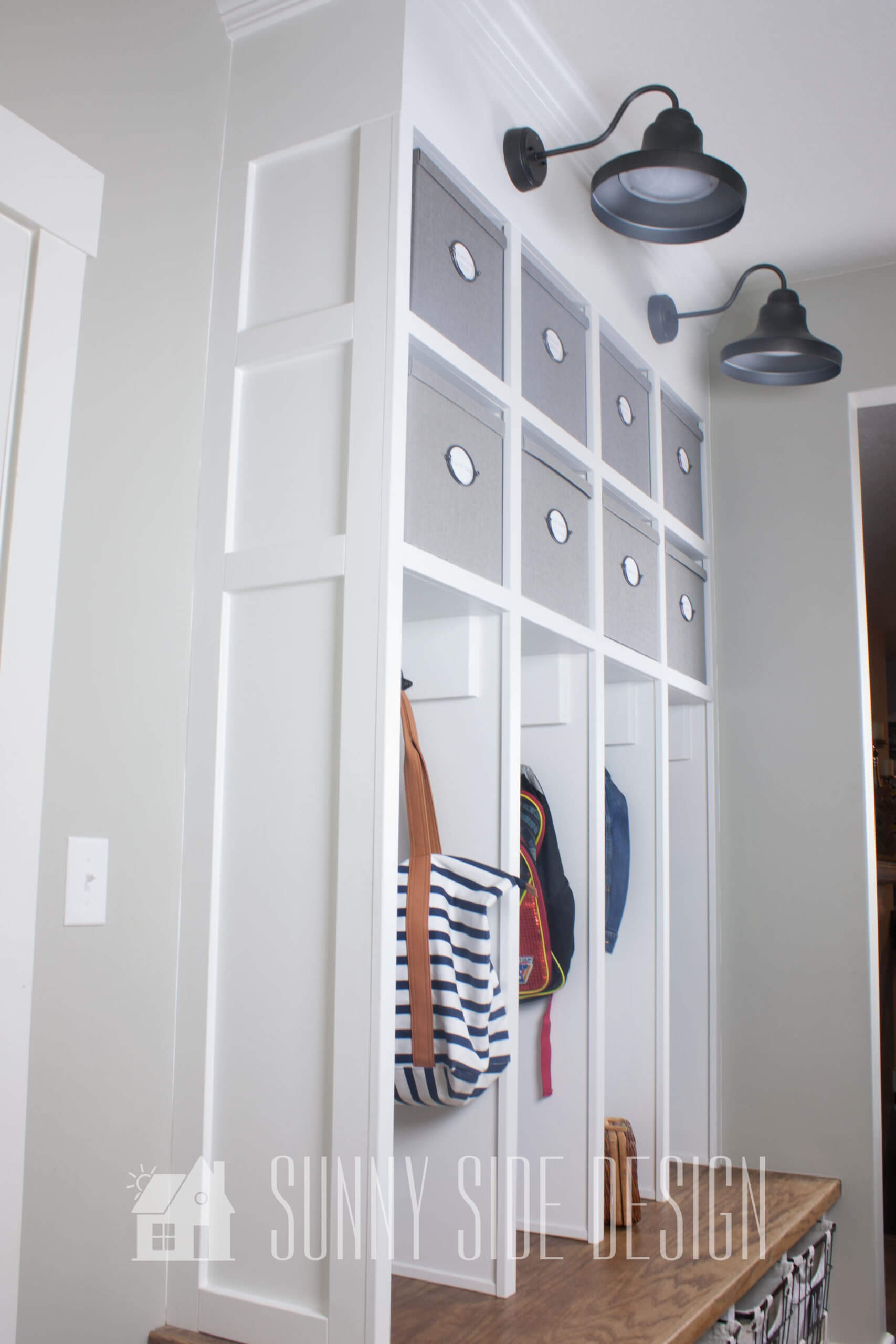 finished mudroom organization at an angle