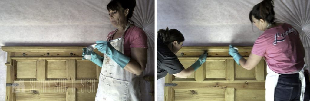 Women apply stripper to remove the old finish of the bed.