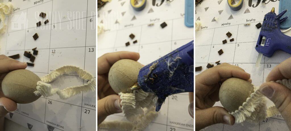 hot gluing fringe on for boho style acorn