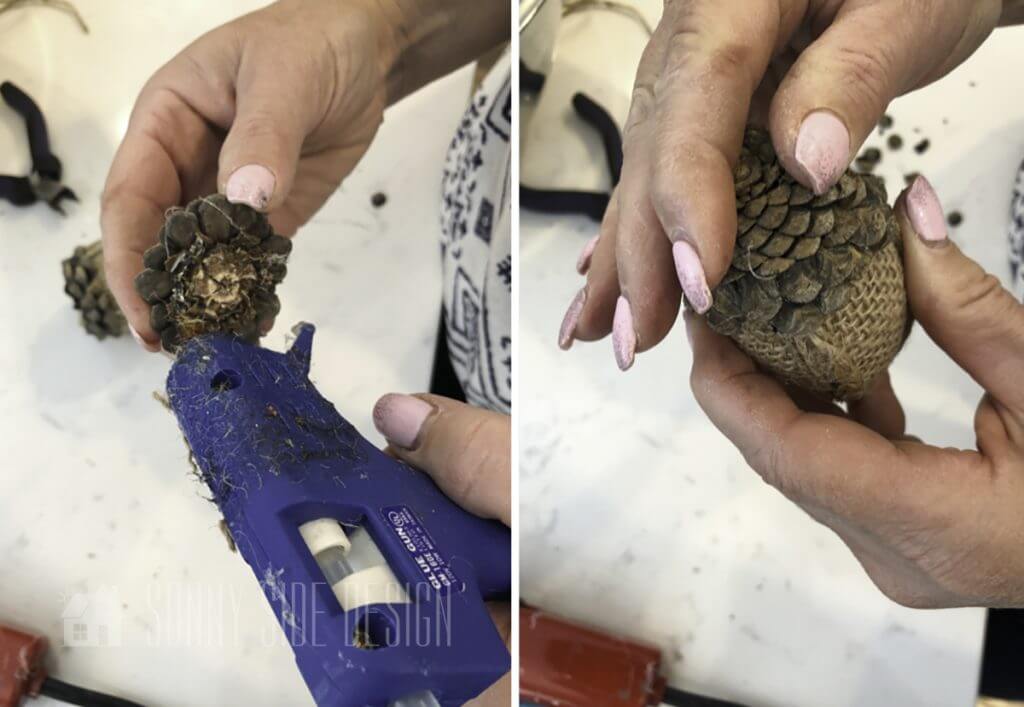 hot gluing acorn top to the acorn