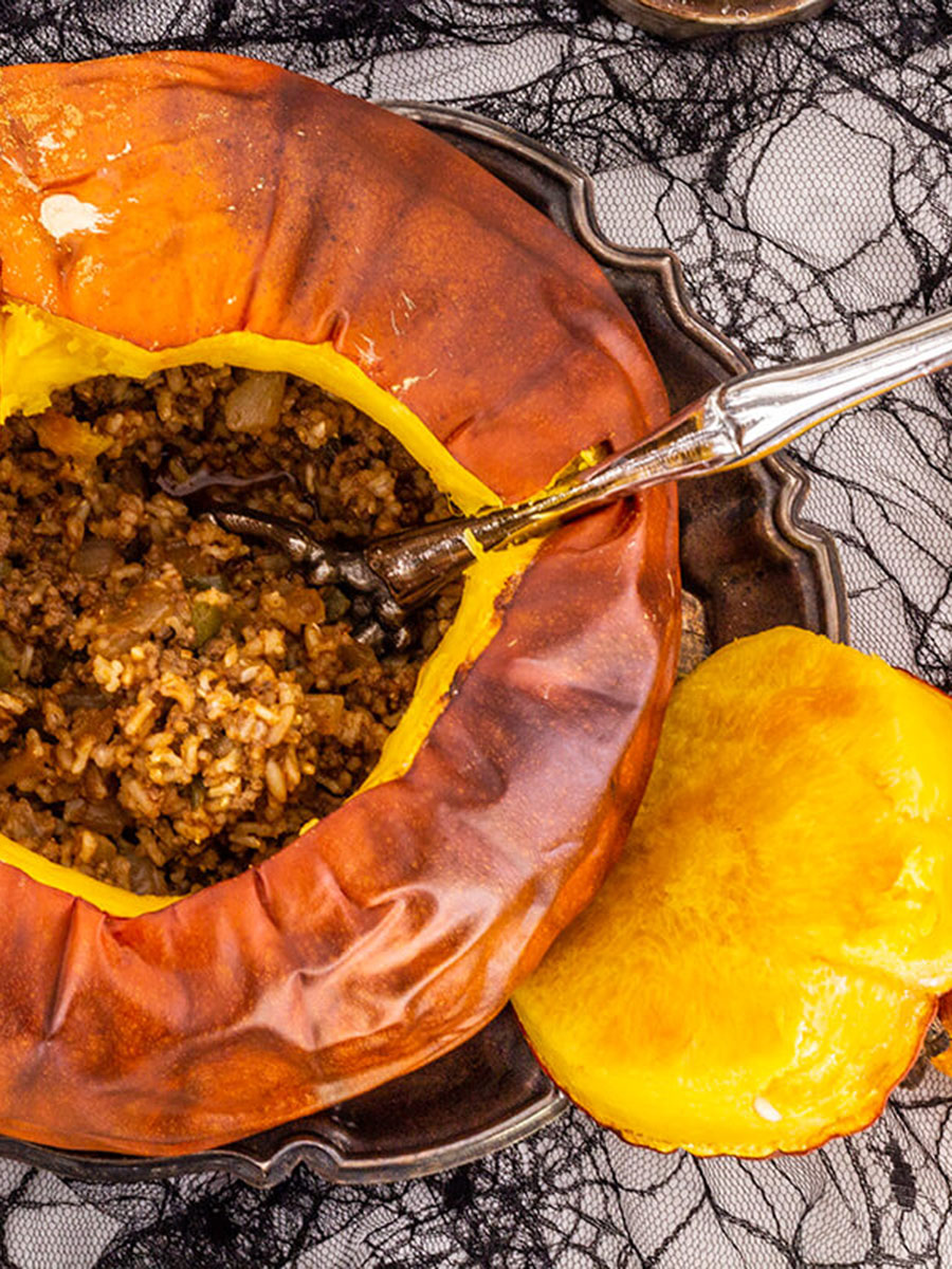 Serve Dinner in a pumpkin for Halloween Party food.