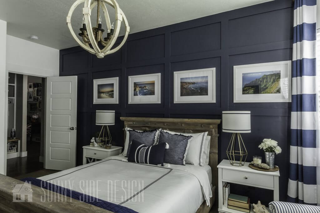 angled view of master bedroom accent wall