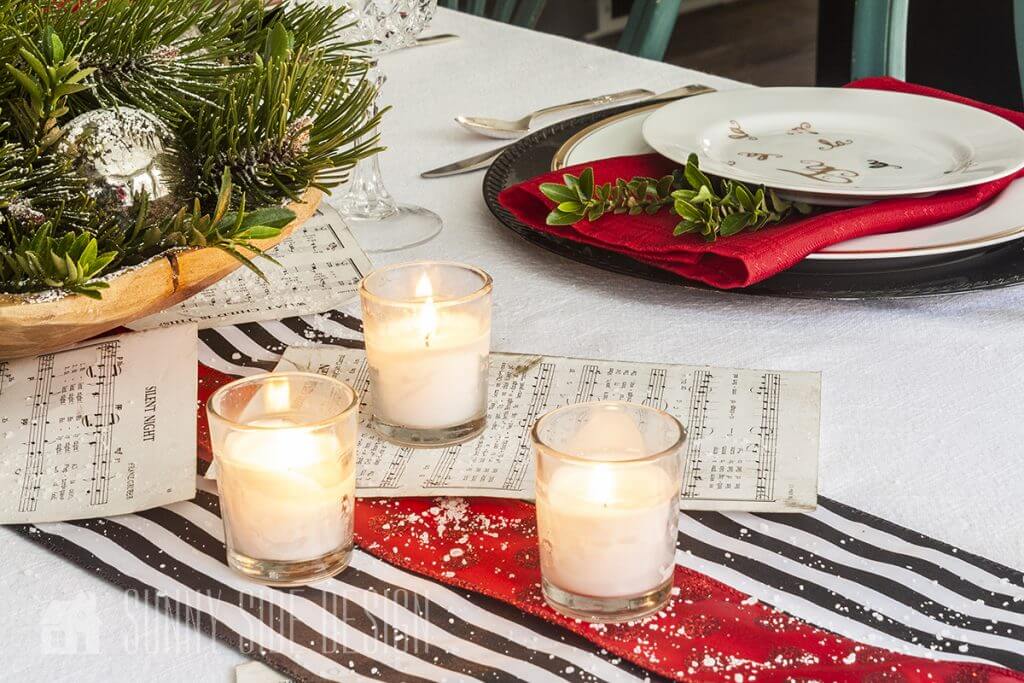 styled holiday table decor in traditional red, green and white,