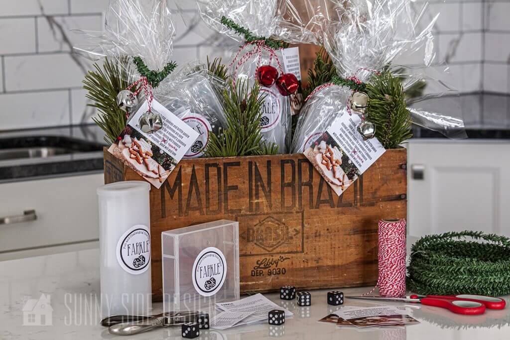 wired greenery is used to tie the package closed, embellished with small bells