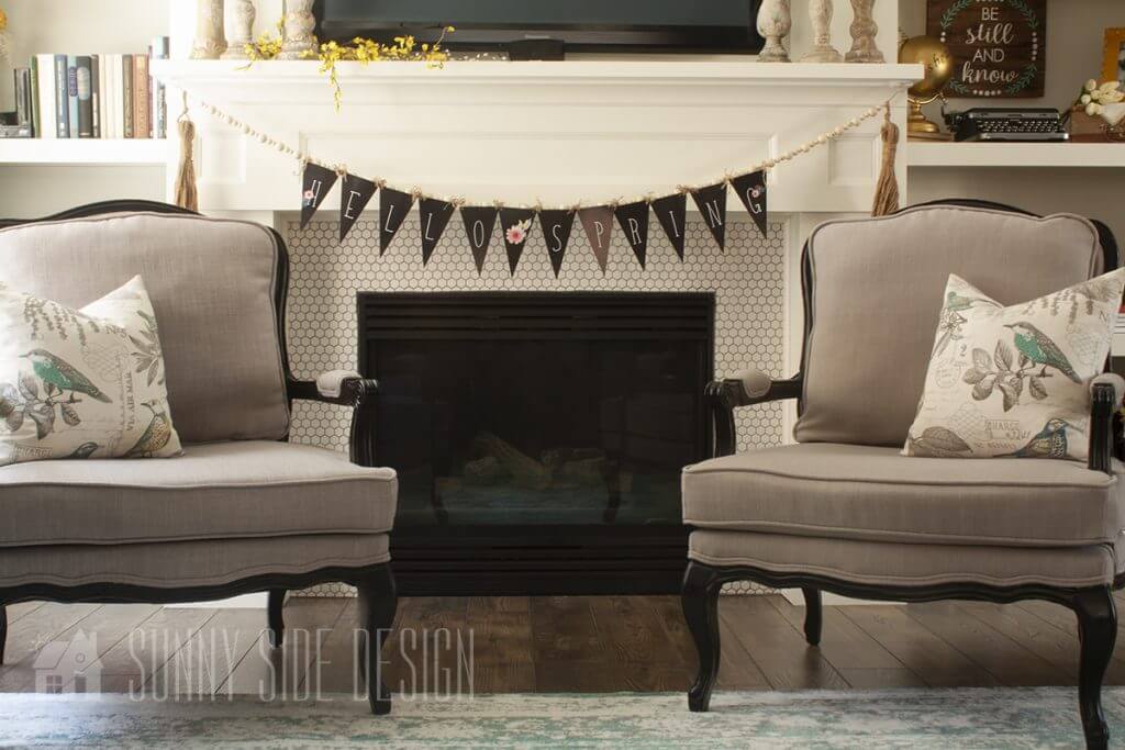 Spring Decorating Ideas, free printable spring bunting for mantle.