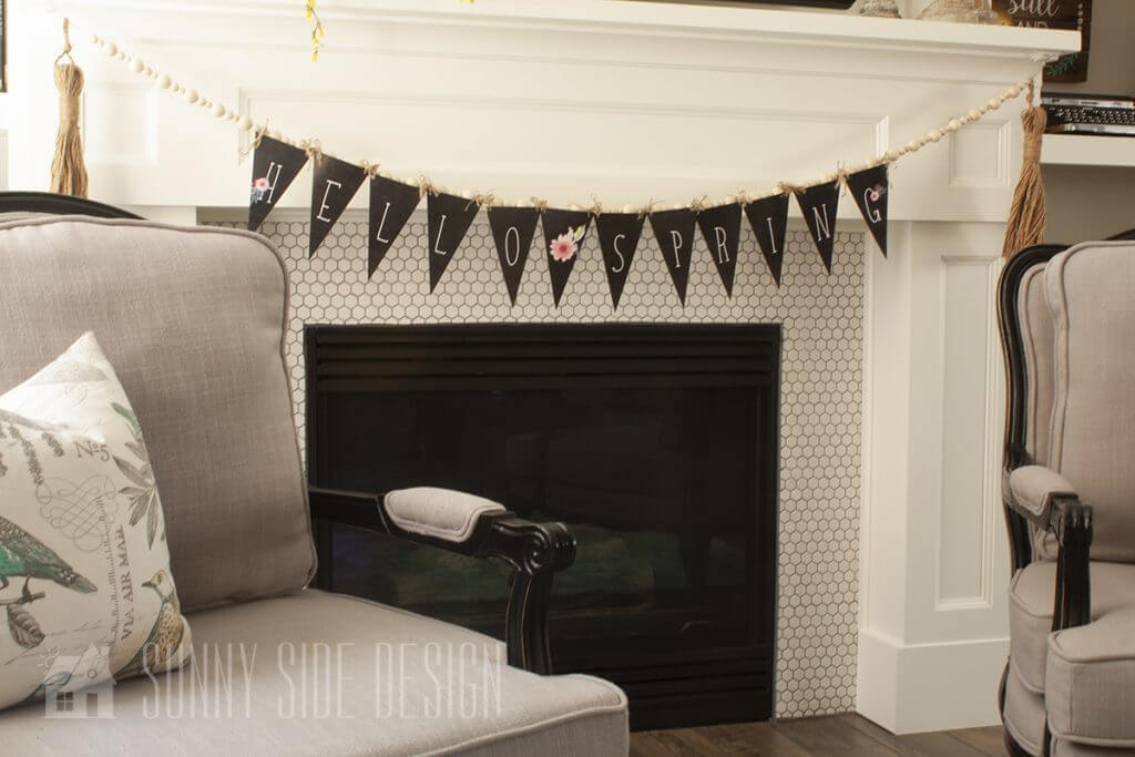 Spring Decorating Ideas, free printable spring bunting for mantle.