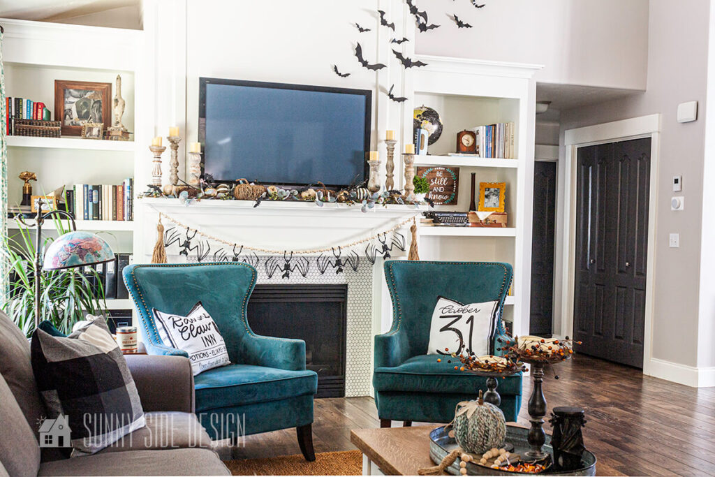 Halloween party decorations with a batty theme.