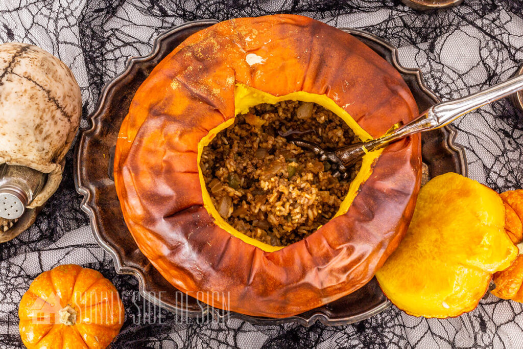 Serve Dinner in a pumpkin for Halloween Party food.