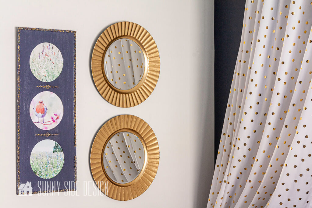 DIY wall decor, watercolor prints and gold framed round mirror