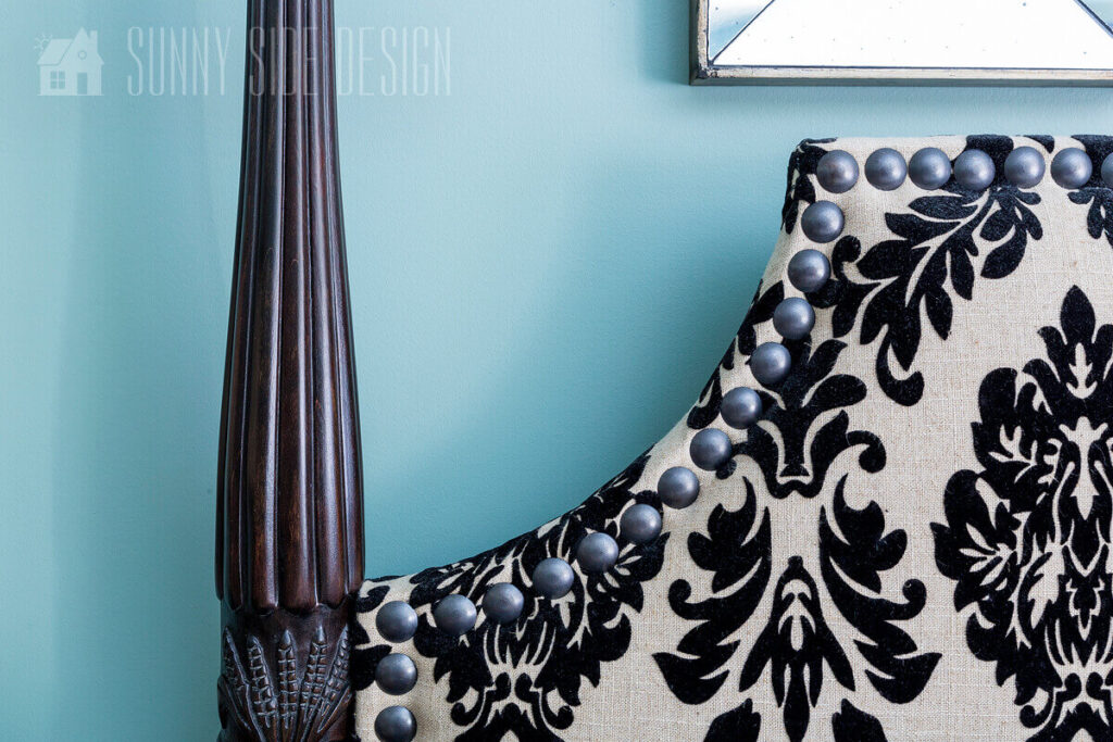 Update an old 4 poster bed with a linen and black velvet damask upholstered headboard.