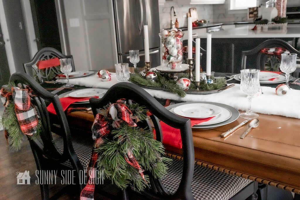 Christmas Decorating Ideas, the dining table with ribbon, fresh greenery and grandma's vintage ornaments.