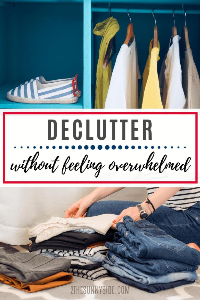 Pinterest image, How to declutter your home in 4 easy steps. Placing clothing in an Oranized closet