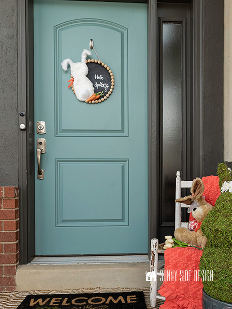 Wreath for Spring, DIY bunny with chalk board sign made with dollar store finds.