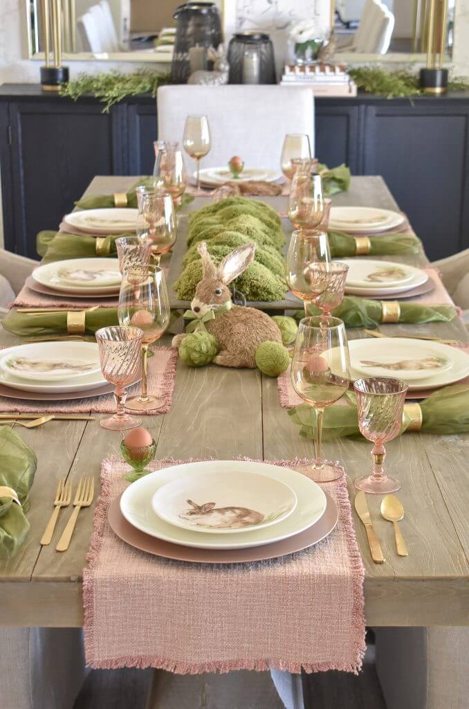 Easter Table Decor with mossy greens and blush pink.