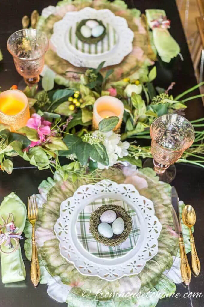 Easter Table Decor with a leaf placemat in shades of pink and green.