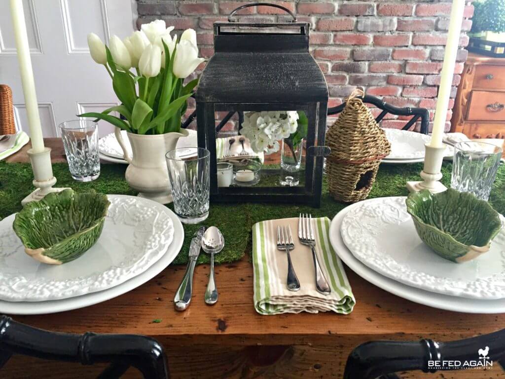 Spring Table Decor with white tulips with a green and white theme.