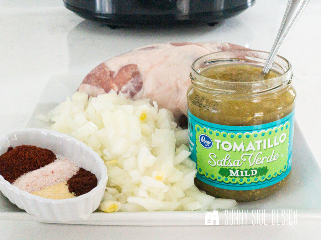 Simple ingredients make this a quick and easy meal, pork loin, diced onion, salsa verde and spices.