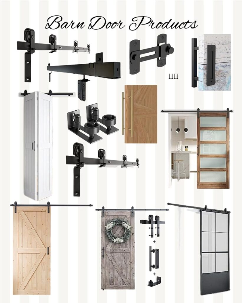 Images of barn doors and barn door hardware for purchase on Amazon. Ideas include bifold, modern and wood barn doors and various types of hardware, handles and locks.