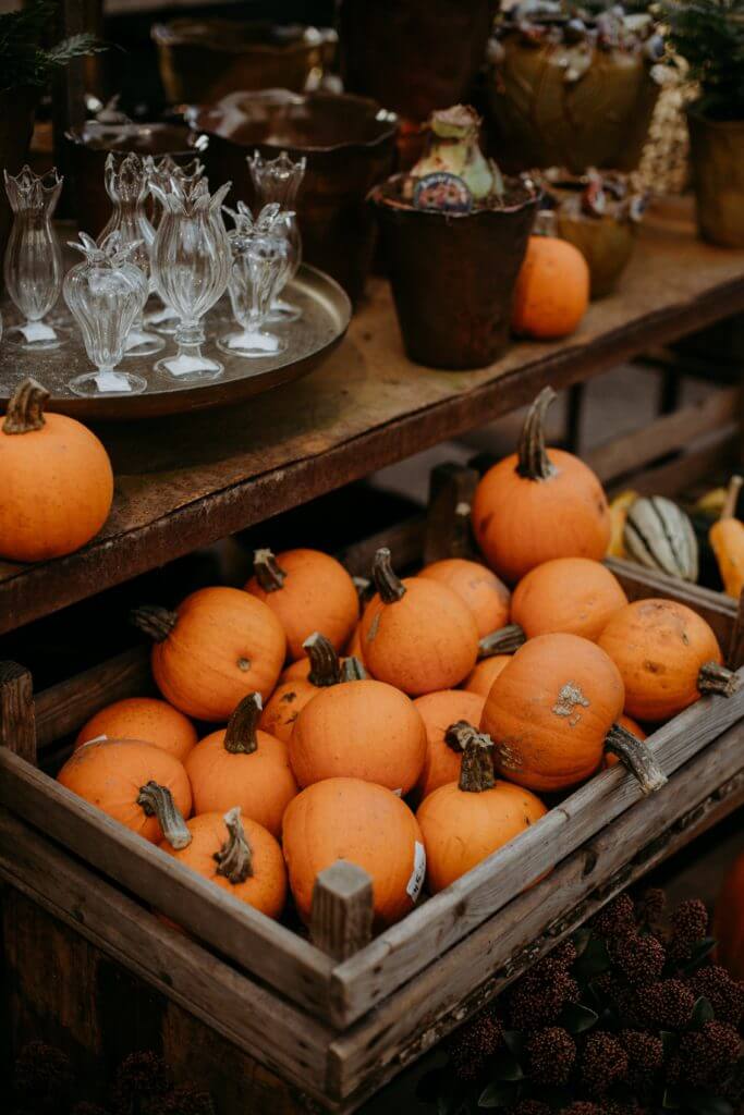 Tray with glasses on top of a wooden table and a crate filled with pumpkins