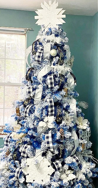 Blue flocked Christmas tree, Christmas decorating trends.