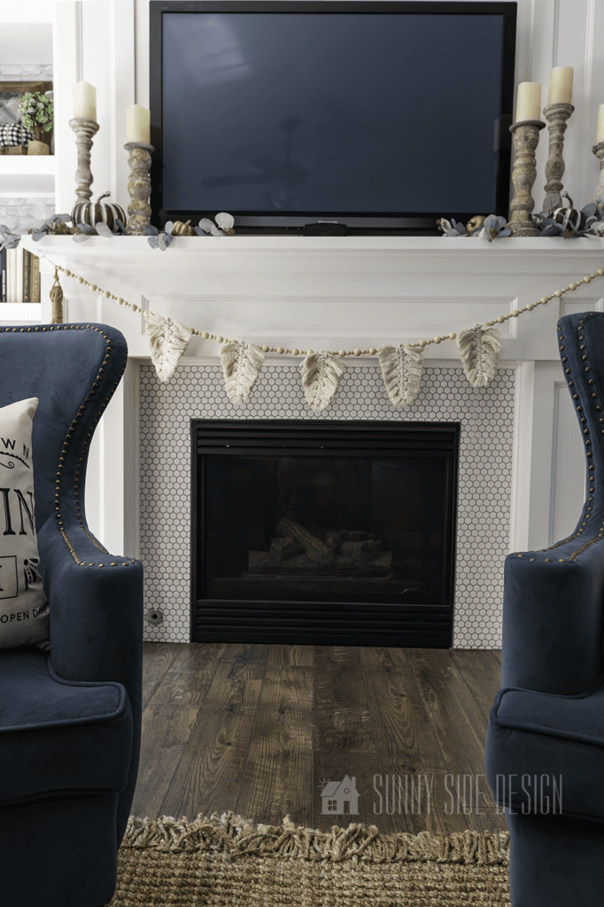 styled fall macrame leaves on mantle