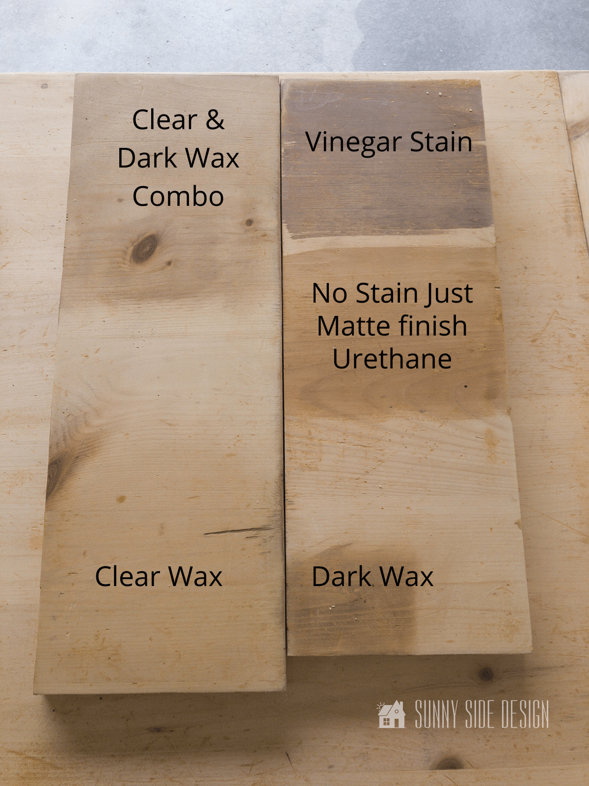 Samples of stain and clear finish on scraps of wood.