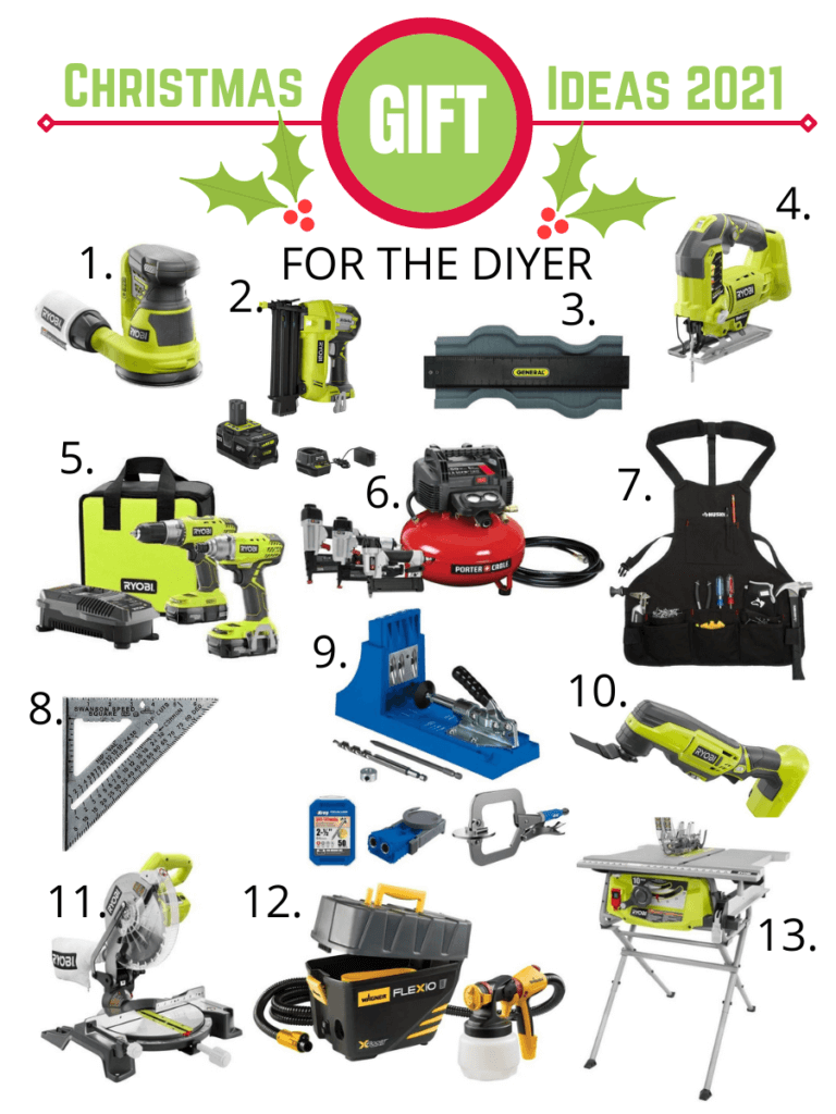 Christmas gift ideas for the DIYer, sander, brad nailer, jigsaw, drill, air compressor, tool apron, speed square, kreg jig, oscillating tool, mitre saw, paint sprayer, table saw.