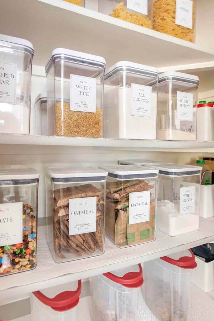 Pantry Organization Ideas - Clear plastic containers are label for dry goods and packaged food.