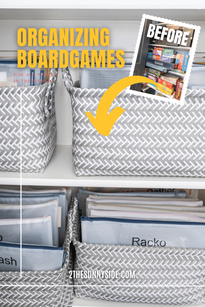 Pinterest image, games organized in vinyl pouches stacked in gray and white baskets.