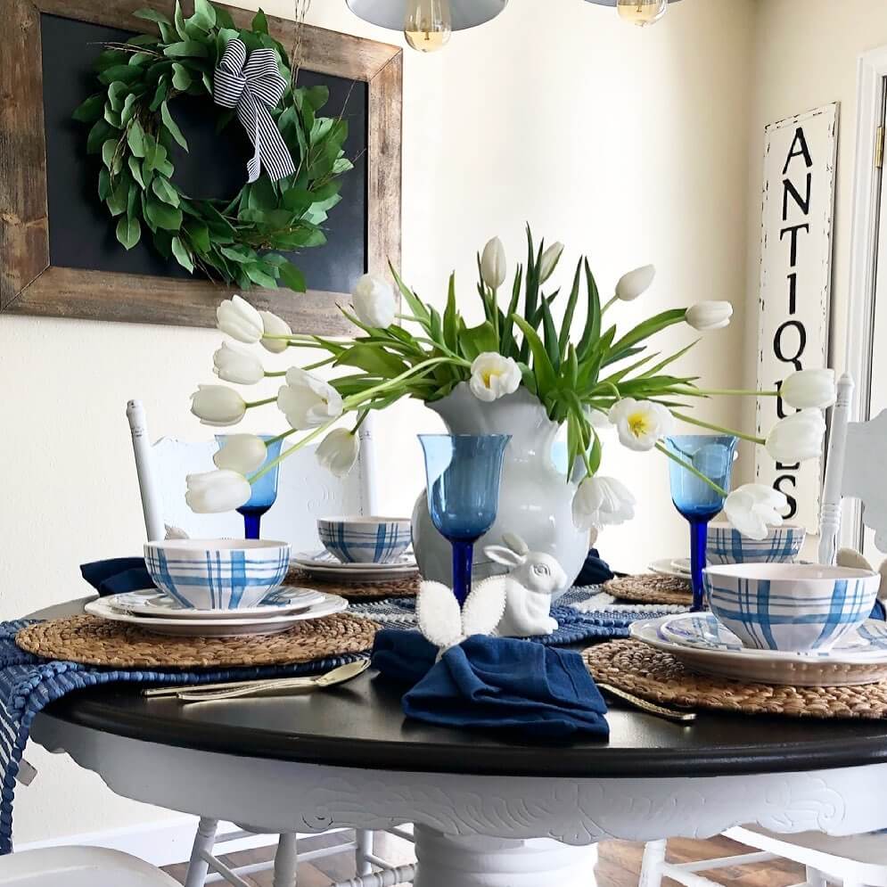 Easter Tablescape ideas, classic blue and white table setting with white tulips.