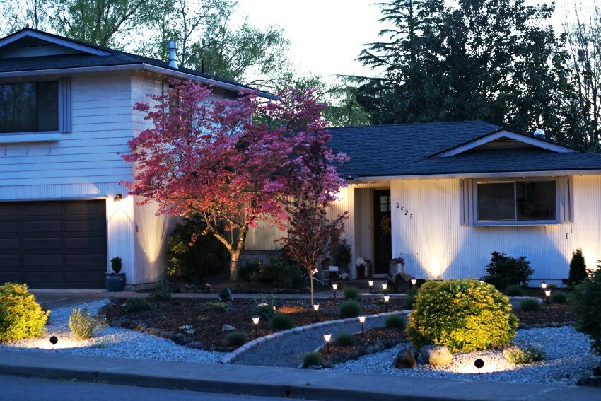 Curb appeal ideas, new landscaping with shrubs, red leaf maple tree and lighting accenting the plants as well as the home.