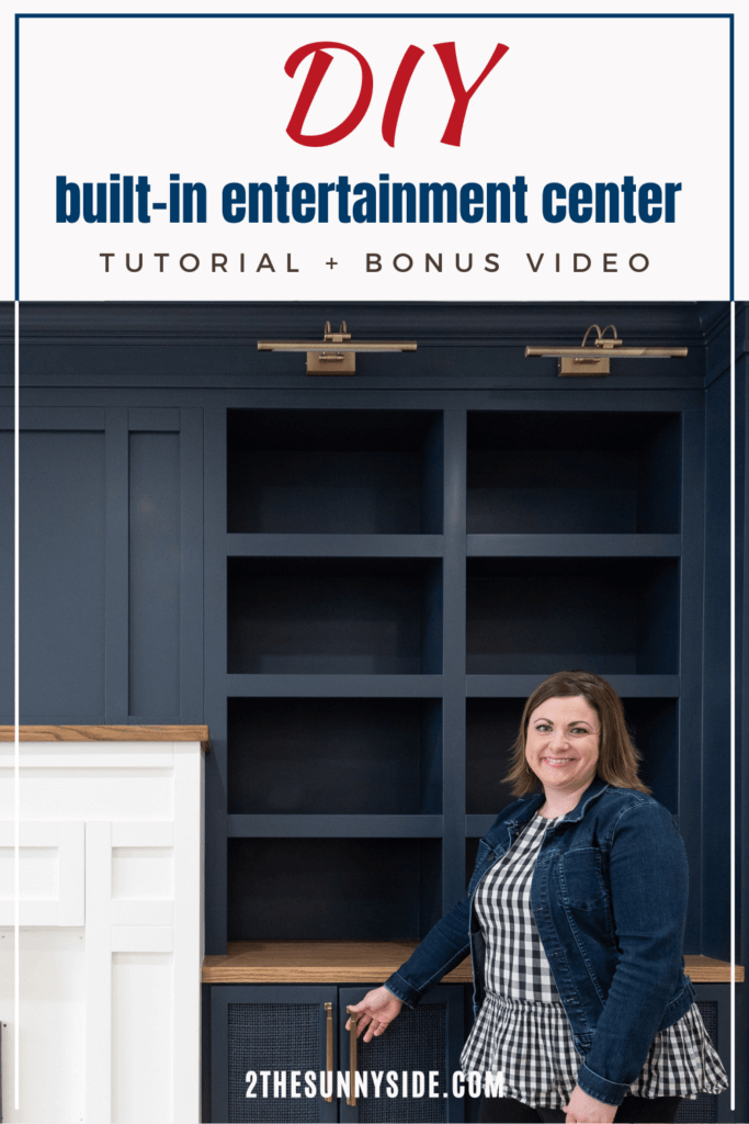 Pinterest image, woman standing in front of navy blue DIY entertainment center.