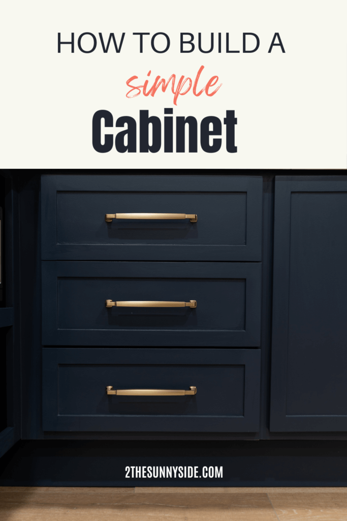 Pinterest image, navy blue shaker style cabinet with champagne gold hardware.