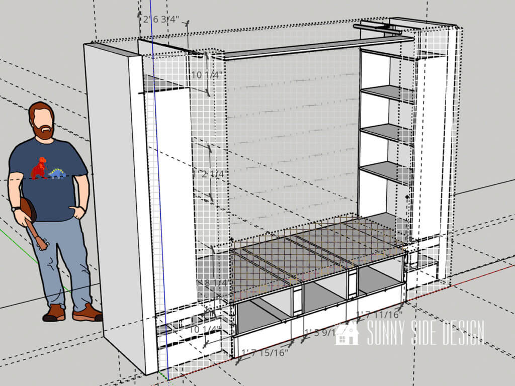 Measured rendering of the built in shelves and reading nook for the basement family room.