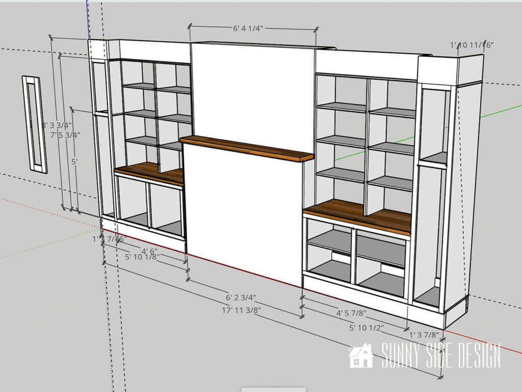 Measured rendering of the the built in entertainment center with fireplace.