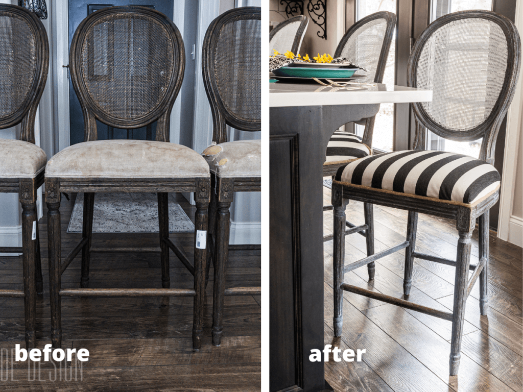 Before and after bar stools photos, dirty with ripped fabric before. After black and white striped upholstery and updated with white chalkpaint and white wax.