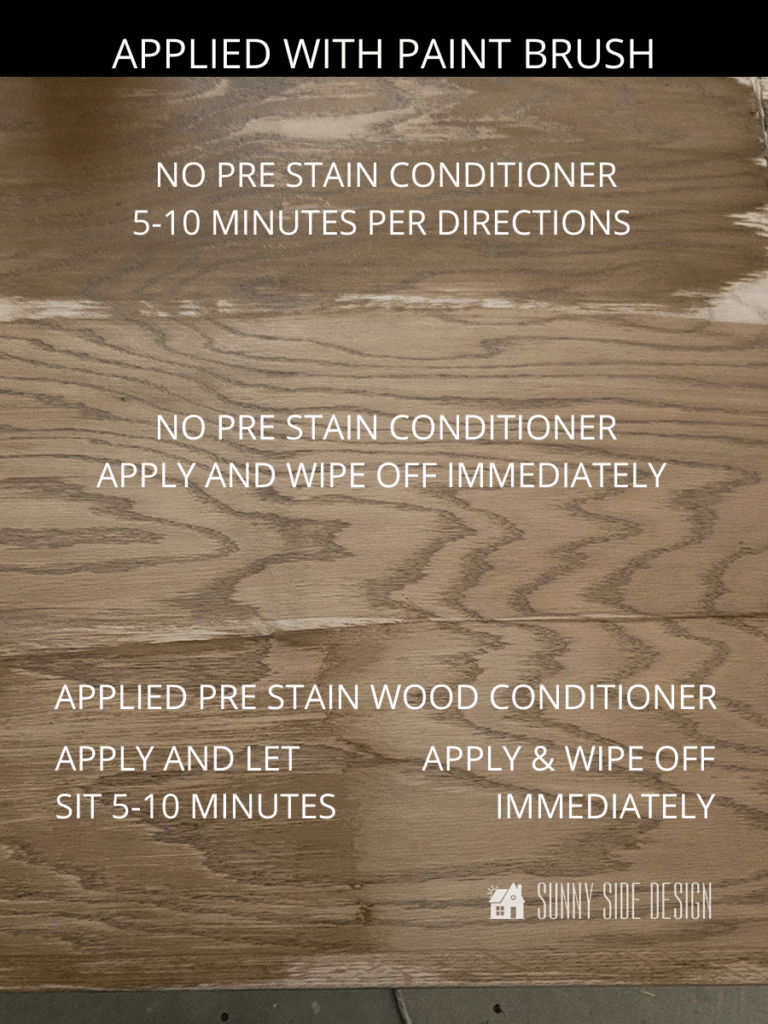 How to apply water based stain, examples of different methods of applying stain to the oak plywood board, with descriptions on each section.