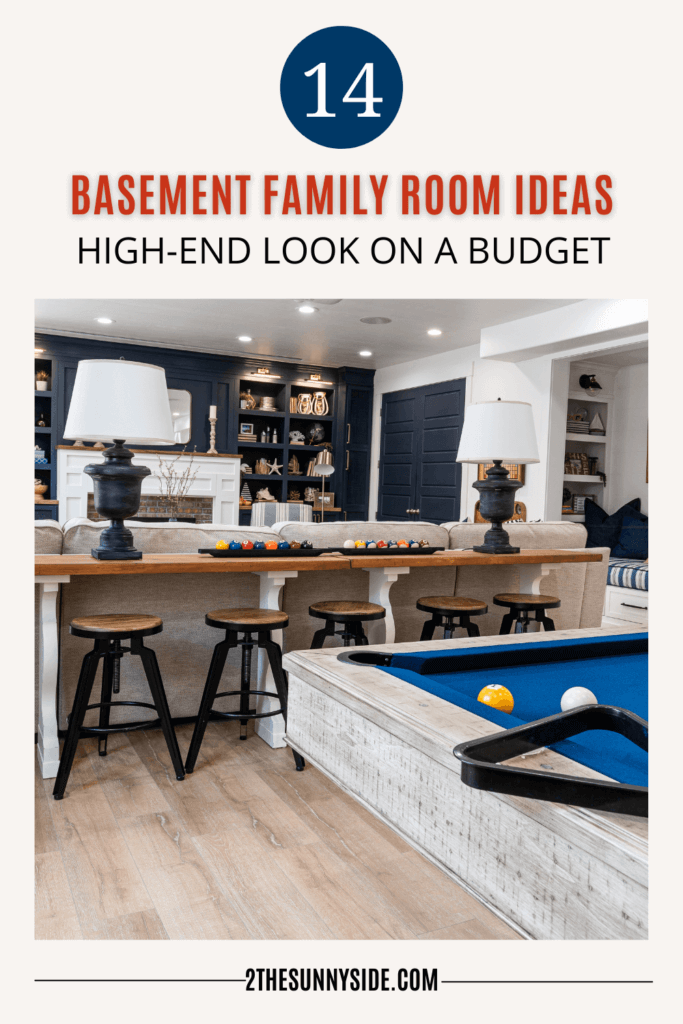 Pinterest Image, basement family room ideas, high-end look on a budget.