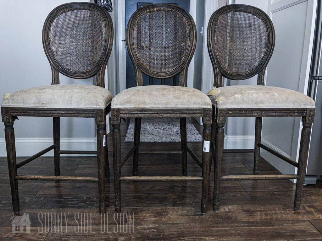 3 worn and dirty bar stools before their makeover.