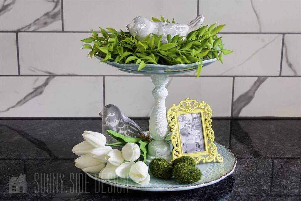 Flea Market Flip ideas, 2 blue thrift plates and a painted candle stick are upcycled into a tiered tray