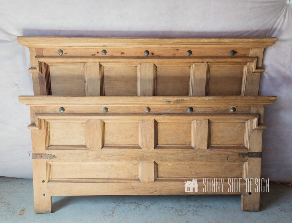 Rustic pine headboard and footboard before makeover