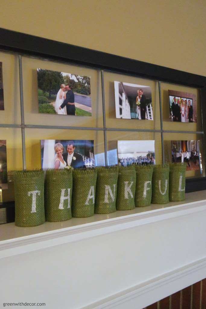 DIY Fall Decor ideas, soup cans covered with green burlap with stenciled letters spelling "thankful".