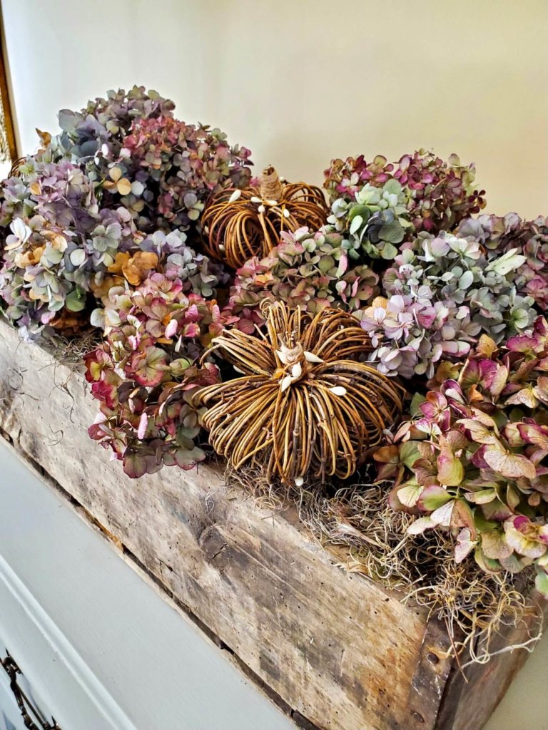 DIY Fall Decor ideas, rustic crate filled with spanish moss, dried hydrangeas and vine pumpkins.