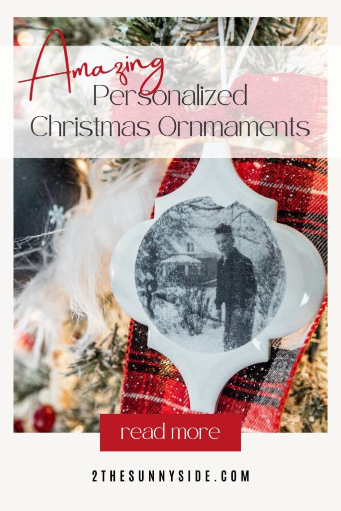 Pinterest image, personalized Christmas ornament hanging on a white flocked tree with red plaid flannel ribbon.