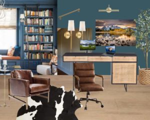 Moody Office design mood board with a black and white cow print rug, oak plank floor, rattan and black mid-century modern desk, peacock blue for the walls, with built-in bookcases with a window seat, gold drawer accent lighting, leather chairs, faux tree in a bakset and gold hardware.