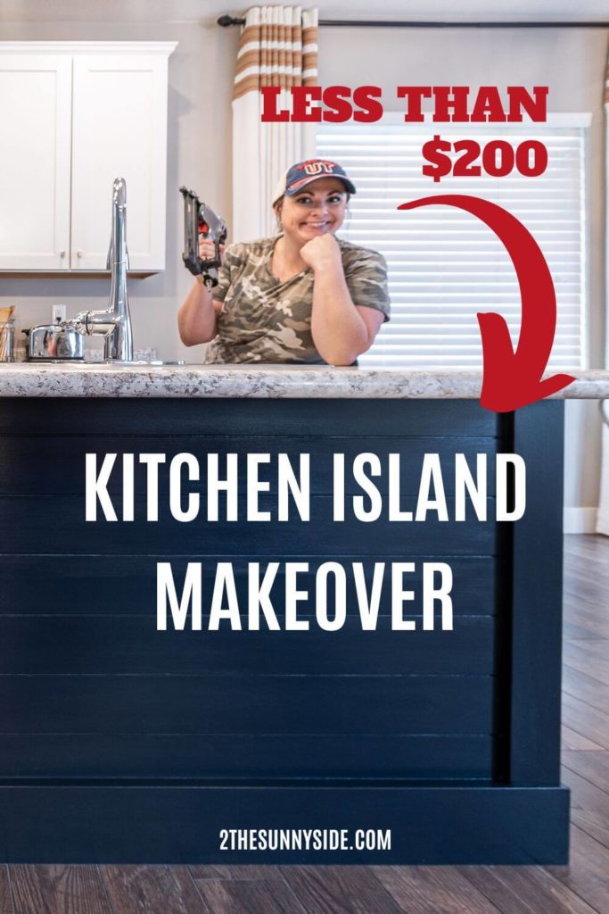PINTEREST IMAGE, kitchen island makeover, less than $200. Woman holding nail gun in camo shirt with baseball cap at navy blue shiplapped kitchen island.