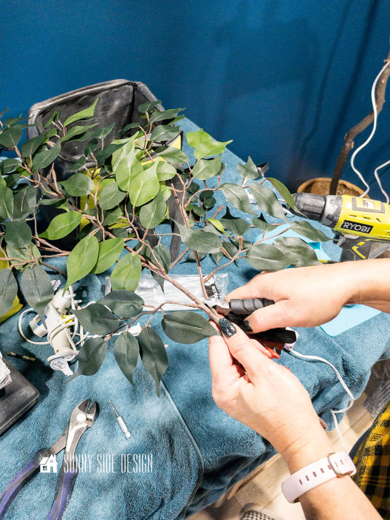 Woman holding a branch of faux ficus leaves, cutting the sections apart with cutting dykes.