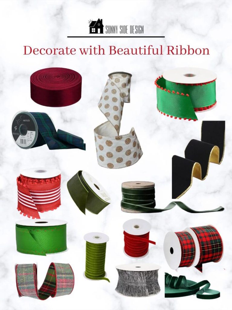 Simplify Christmas decorating by using ribbon, image with a variety of red, green, gold, silver, black, plaid ribbons.