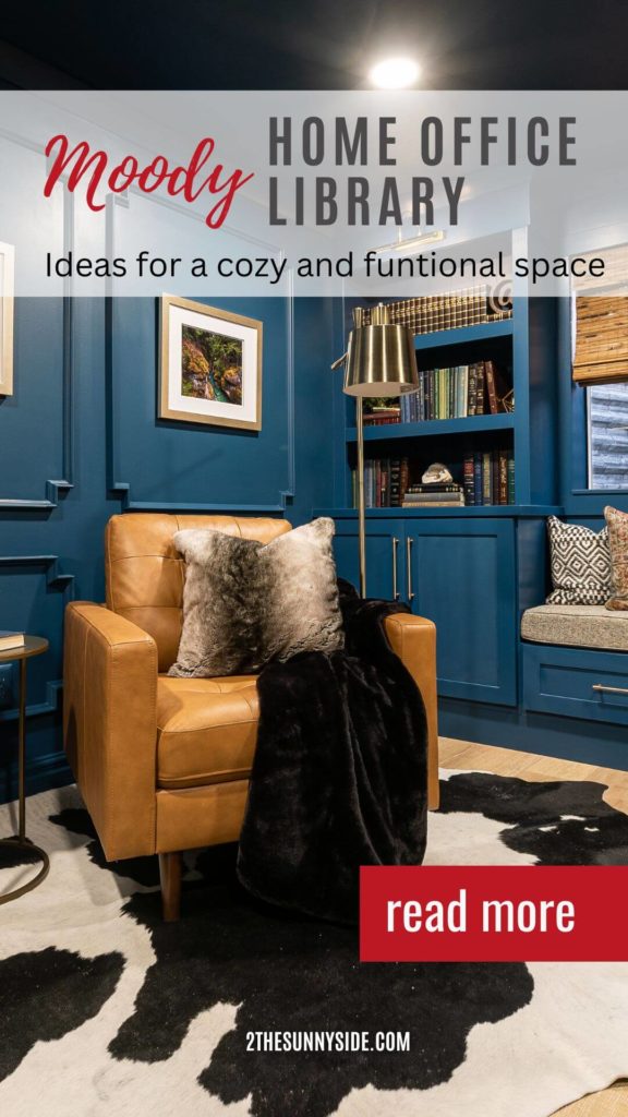 Pinterest image, home office library with cozy leather seating and dark blue built-in shelves